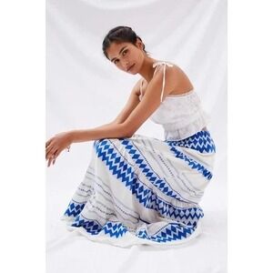 Kasia‎ Anthropologie Womens Tiered Geo Maxi Skirt Pull On Cream Blue Eros Large